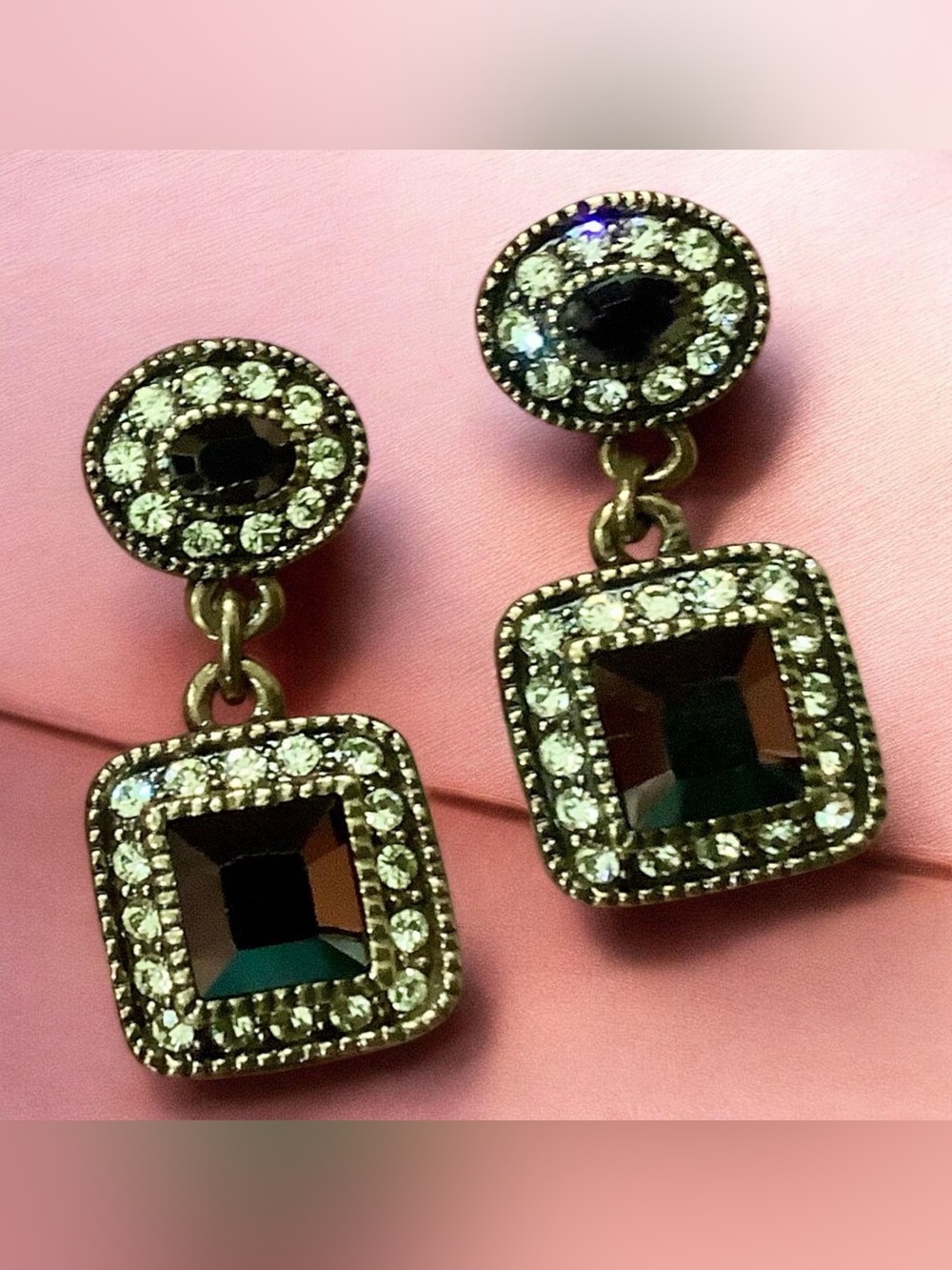 Heidi Daus Art Deco Dark Brown and Silver / Clear Crystal Drop Gold Earrings